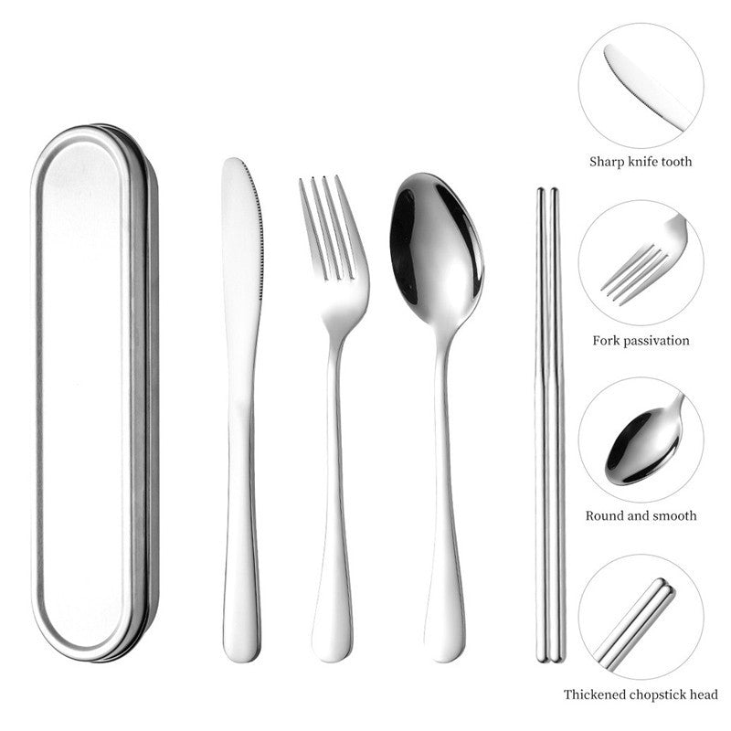Stainless steel portable tableware 4-piece set with knives, forks, spoons, chops