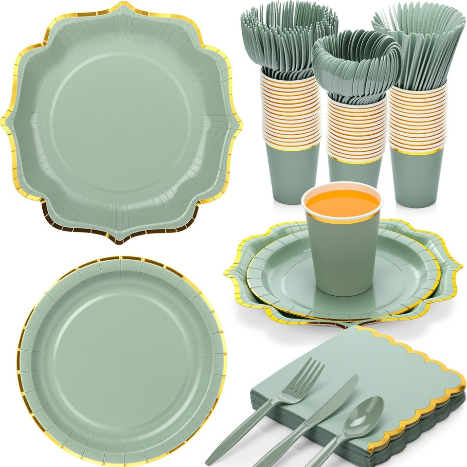 350 Pcs Sage Green and Gold Foil Plates and Napkins 50 Guest Spring Party Sup...